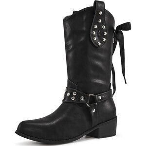 ⚡Women Black Leather Western  Mid Calf Fashion Chunky Cowgirl Pointed Toe Boot